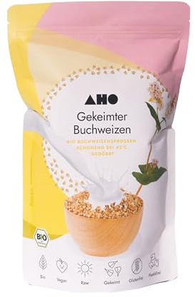 AHO Gekeimter Buchweizen 650g, Bio aus Deutschland und Österreich, Plastikfrei verpackt, Rohkost Bio Buchweizen gekeimt und schonend bei 42°C gedörrt