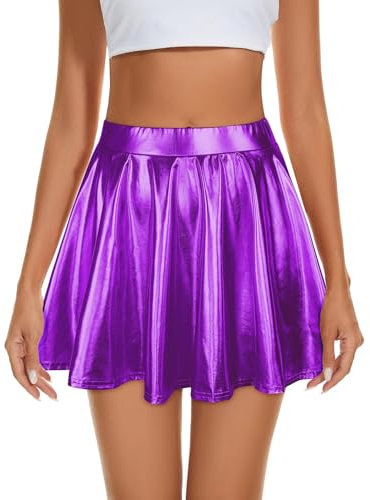 Durio Gonna corta da donna, in metallo, a pieghe, mini skater, con brillantini, a vita alta, elastico, viola., S