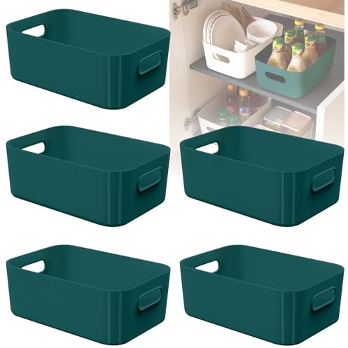 W&H 5 PCS Blue Plastic Storage Boxes, Small Plastic Baskets with Handle, Kitchen Cupboard Boxes, Organiser Baskets for Bathroom, Shelf, Office and Home - 21×14×7cm