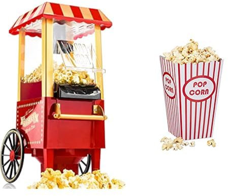 Gadgy Popcorn Maschine | Retro Popcorn Maker & Relaxdays, rot/weiß Popcorntüten, 48 Stück, gestreift, US-Retrostyle, Kino, Filmabend Zubehör, Kindergeburtstag, Pappe, 48er Set