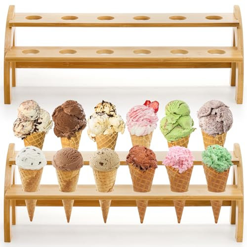 Peohud 2 Pack Bamboo Ice Cream Cone Holder Stand, 2 Layers Waffle Cone Display Stand with 12 Holes, Durable Hand Roll Sushi Popcorn Temaki Stand for Weddings, Birthday Parties, Buffet, Food Truck