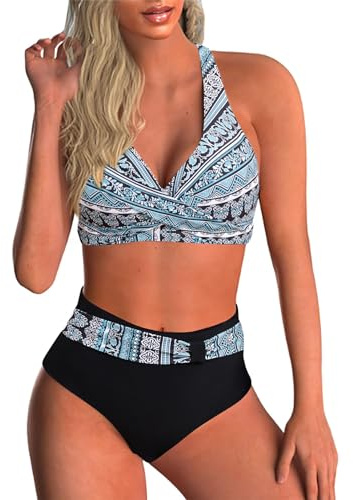 Baynetin Conjunto de Bikini Mujer Sexy de Dos Piezas Push Up Acolchado Retro Impreso Halter Backless Bikini Control de Vientre de Cintura Alta Traje de Baño (Estampado Azul Negro, XL)
