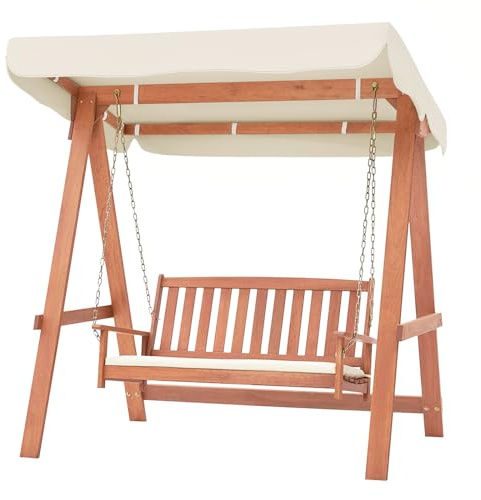 COSTWAY Outdoor 2-Seat Swing Chair Set, Wood Porch Swing Bench with Canopy, A Frame, Sturdy Metal Hanging Chains and Soft Seat Cushions, Swing Seat for Patio, Garden & Backyard