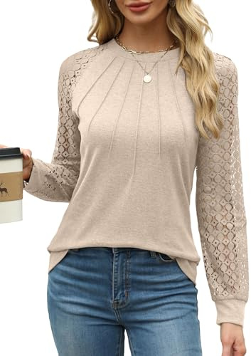 Aokosor Womens Tops Ladies Tops Lace Long Sleeve Crew Neck Pleated Shirt Long Sleeve Tops Women