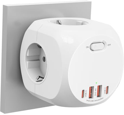 Steckdosenleiste mit USB, Mehrfachsteckdose mit Schalter, 8 N 1 Steckdose Steckerleiste, 2 USB-C Steckdosenwürfel, Mehrfachstecker Cube Steckdosenadapter for Zuhause Büro