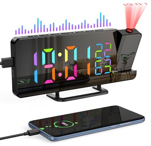 Digitaler Wecker Projektor, AIMMIE Projektionswecker Funkuhr LED Temperaturanzeige mit Snooze, 7,2 Große Display, 12/24HR USB Ladeanschluss 180° drehbar Wecker Digitaluhr für Schlafzimmer