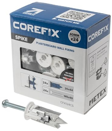 Corefix Spike Heavy Duty Gipsskivfästen 24-pack, DIY-kit med M5 x 40 mm skruvar. Lätt att installera utan borr krävs. Gipsankare, väggplugg alternativ lämplig för alla typer av gipsskivor.