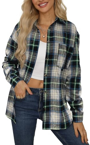 NONSAR Camicetta da donna a quadri con bottoni a maniche lunghe, Oktoberfest, camicetta a quadri, tunica casual, scollo a V, flanella, M