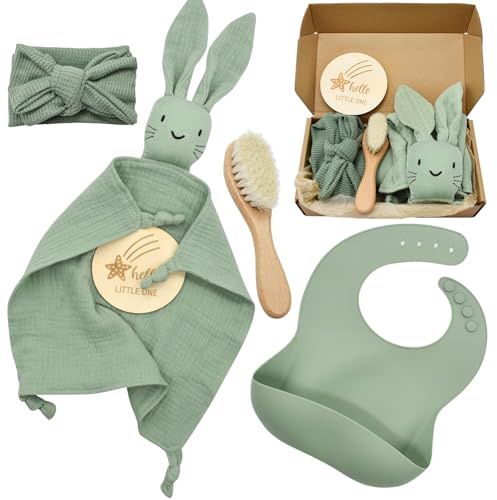 YTACREA Regalo Bebe Recien Nacido, Paño de Mimos Doudou Muselina para Niña o Niño, Regalos de Nacimiento con Babero, Cepillo, Tarjetas de Hitos, Bandana, Verde