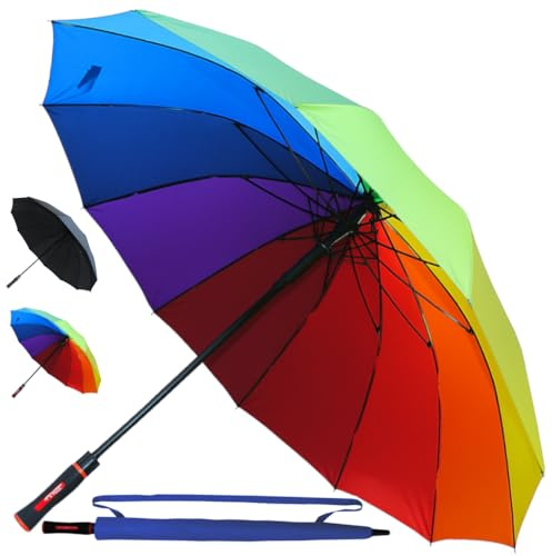 95KPH 12 Varillas - Paraguas Antiviento Golf Grande Automático Hombre Mujer - Paraguas Largo Resistente de Viento Fuerte - Fibra de Vidrio - Mango Antideslizante - De Colores - Arcoíris