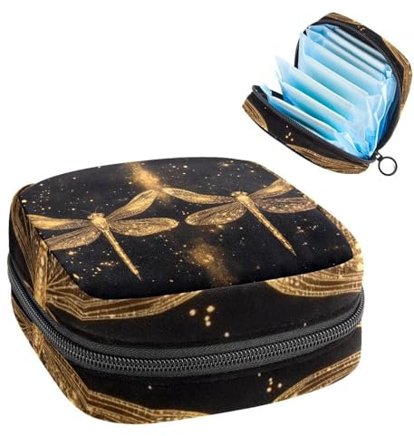 Two Gold Dragonflies with Sparkling Wings on Black Background Sanitary Napkin Storage Bag, Large Menstrual Cup Pouch with Zipper, Period Pads Bag Store Panty Liners Tampons for Girls Women