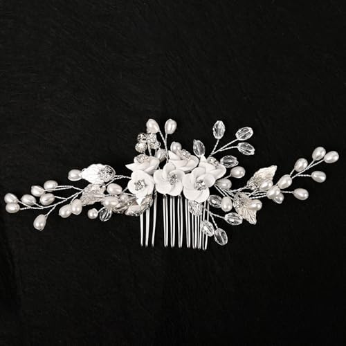 Accessori per capelli da sposa per la sposa, pettine a forma di foglia con fiori in argento, pettine laterale con perline di cristallo per donne e ragazze