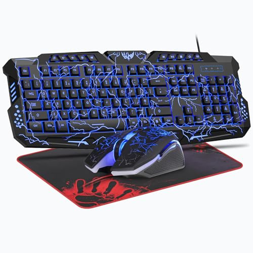 Rewurnth Gaming Keyboard and Mouse Set, UK Layout 114 Keys, Crack Backlit Wired Keyboard, Ergonomic 4 Color LED Gaming Mouse, Large Mousepad, USB Plug & Play for PC, Mac, PS5, Xbox