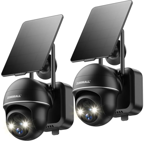 ZUMIMALL Set da 2 Telecamere di Sicurezza Solari per Esterni 2K, Telecamera PTZ Outdoor 355°/120°, Rilevamento di Movimento PIR, Visione Notturna a Colori, WLAN 2,4GHz, Audio Bidirezionale, IP66 (Nero