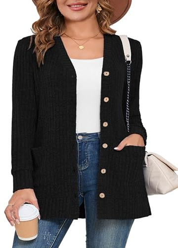 AusLook Plus Size Women Long Sleeve Cardigan Black 5X Open Front Button Down Lightweight Casual Sweater Cover Ups Shrugs Shawls and Wraps Kimono Jacket Coat with Pockets
