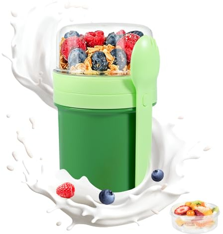 Muesli Cup da Asporto, 450 ml + 250 ml, Porta Yogurt, Coppetta per Cereali da Asporto a Tenuta Stagna con Cucchiaio e Contenitore per Salse, Contenitore per Colazione Senza BPA, Contenitori per Cereal