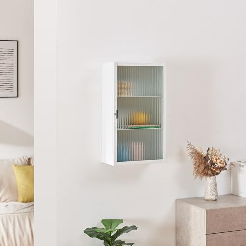 [en.casa] Hängeschrank Zundert Badezimmerschrank 60 x 35 x 15 cm mit geriffelter Glastür Medizinschrank Wandschrank für Wohnzimmer Bad Küche Stahl Weiß