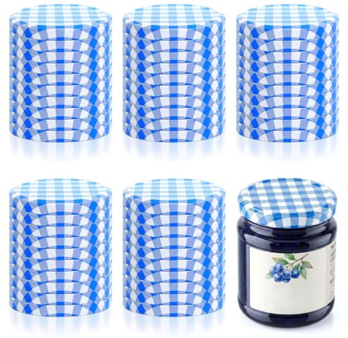 50 PcsTapas para Botes de Cristal, 82mm Tapas de Conservas de Boca Ancha, Tapas de Rosca para tarros de mermelada, tarros Mason, conservas, miel y mermelada (cuadros azul)