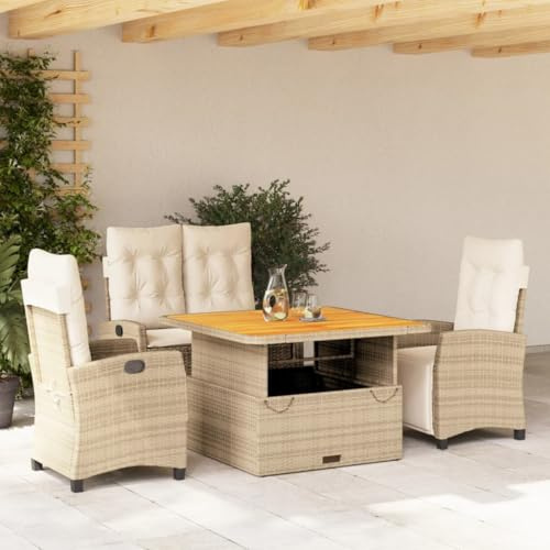 YNGBHFNOP Ensemble Repas extérieur 4 Pieces canapé Jardin Beige rotin résine tressée avec Coussins lavables Table relevable Fauteuil inclinable Banc terrasse Patio mobilier Salon Lounge Confortable