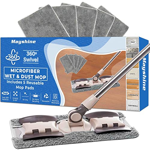 MAYSHINE Microfiber Hardwood Floor Wet and Dry Dust Mop w/ 5 Reusable Pads, 360 Spin Mop System | Use on Wood, Tile, Laminate, Vinyl and More | Flat Mop with 60 Extendable Stainless Steel Handle