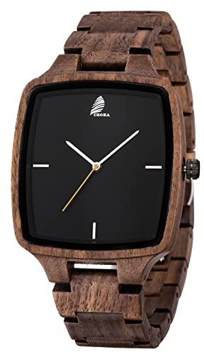 CZOKA Orologio da Uomo e donne in Legno, Noce nero naturale/oliva, con Movimento al Quarzo Giapponese, con cinturino regolabile, manuale analogico da polso (Black Walut - B)