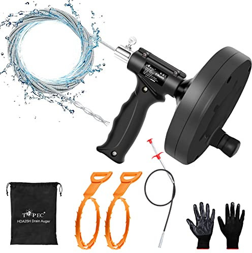 Topec 6 in 1 Snake Drain Auger 7.62M, Professional Sink Snake Hair Clog Remover Heavy Duty Pipe Snake for Bathtub Drain, Bathroom Sink, Kitchen and Shower, Snake Drain Cleaner with Gloves