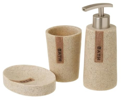 JUANIO Ensemble d'accessoires Salle de Bain 3 pièces, Set Salle de Bain avec Distributeur de Savon en polyrésine Coloris Beige