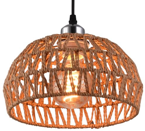 Natural Woven Pendant Lamp Shade, Small Metal & Weave Rope Lamp Shades Ceiling, Rattan Lampshade, Pendant Light Shade for Ceiling Lights, Living Room, Bedroom, Kitchen, Hallways