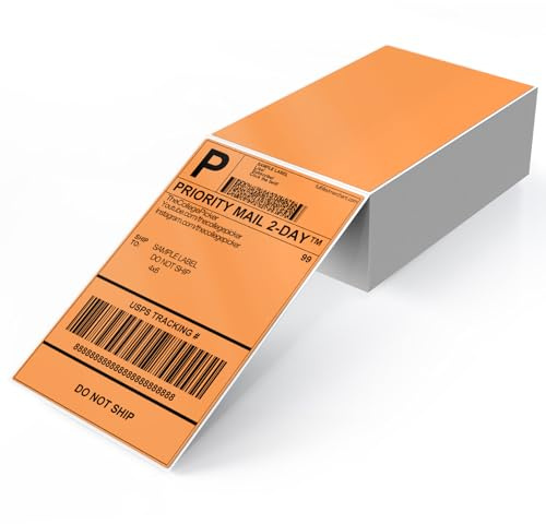 YIKIADA Orange fraktetiketter 10 x 15 cm vinyl självhäftande termiska klistermärken vattentäta perforerade termiska direkta etiketter för kontor lager namn adress 250 stycken