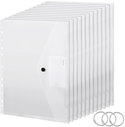 20 Pack A4 Punch Pockets, Clear Plastic Wallets with 3 Binder Ring, Heavy-Duty Document Sleeves Protectors for Office School Home Organisation, Fits Standard 2/3/4-Ring Binders A4 Lever Arch | Document Folder A4 for Filing, 11 Holes Envelope Folders with Press Stud, Transparent