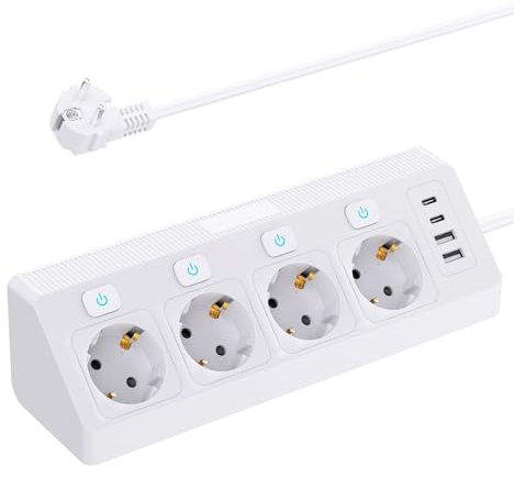Presa angolare con 2 USB e 2 Type-C, ciabatta multipresa a 4 scomparti con interruttore, protezione da sovratensione con cavo da 2 m, per cucina casa e ufficio, bianco
