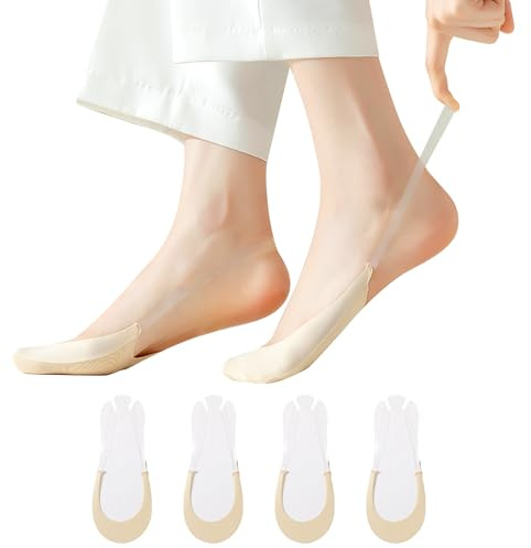 RTDHO 4 Pairs No Show Socks Women Nude Ultra Low Cut Nylon Liner Pop Socks | Invisible Half Toe Topper Footies with Non-Slip Clear Slingback Strap for High Heels Loafers Slingback Size 3.5-5