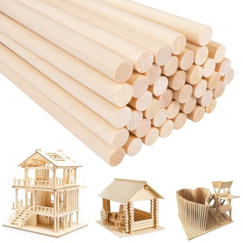 40 Piezas Varillas Redondas Naturales, 8mm Varillas Manualidades, Palitos de Madera para Bricolaje, Bastones Madera para Manualidades, Redondo Natural Listones, para Bricolaje, Modelado, Decoración