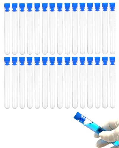 FUGLUS 30 Piezas Tubos de Ensayo Transparente con Tapones, Probetas de Plástico Reutilizables para Laboratorio, Especias, Dulces, Manualidades, 12x75mm