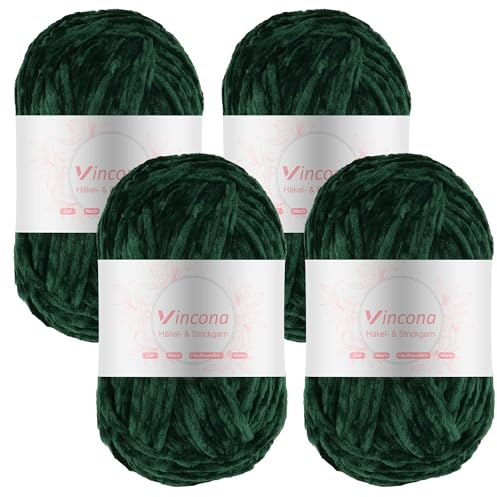 Vincona Lana de chenilla lanas para crochet，4 x 100g hilos para crochet Suave y cómoda, ideal para tejer suéteres, calcetines, bufandas, bolsos, mantas, cojines, muñecas Verde oscuro