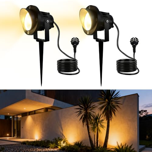 MOLVCE - Foco de jardín LED de 10 W con estaca, 22 V LED exterior blanco cálido IP65 impermeable con cable de 1,5 m y enchufe para jardín, césped, árbol, pradera, negro, 2 piezas
