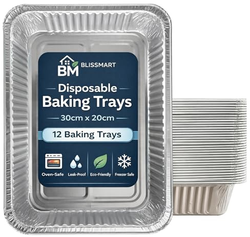 BLISSMART Aluminium Foil Baking Trays 12 Pack Disposable Foil Roasting Tray Oven Tray for Baking Cooking Meal Prep Storage Heat Resistant Tin Foil BBQ Roasting Party Food Trays 30x20x4.5cm (12 Trays)