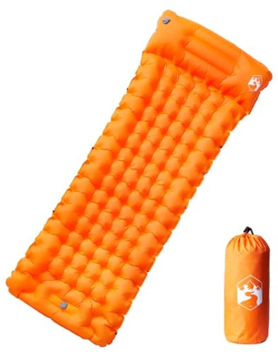 Runheo Matelas auto-gonflant avec coussin orange en nylon 40D avec revêtement TPU 200 x 75 x 10,5 cm compact imperméable ultra léger pliable pour camping, randonnée, extérieur