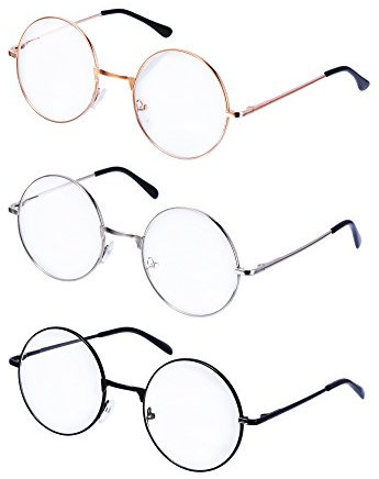 Mudder 3 Paar Retro Metall Brille mit Klarem Glas - Runde Unisex Brillenfassung im Vintage Look, Schwarz, Gold & Silber