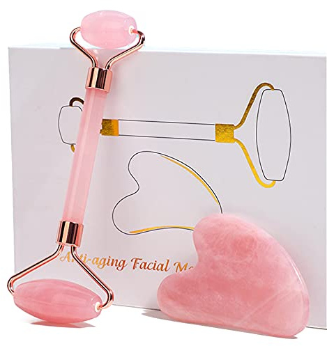 HOTACE Jade Roller Gua Sha Set Natural Rose Quartz Jade Roller for Face Beauty Facial Roller Massager Tools Face Skin Care Tools-Pink