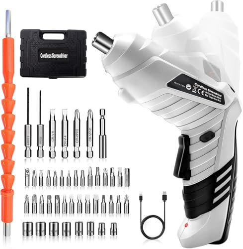 SHAVINGFUN Atornillador,Destornillador Eléctrico, Baterías con 47 Accesorios,Velocidad Máxima 180 RPM,Cargador USB 1300mAh y Mango Regulable en 2 Posiciones,LED,Caja Compacta