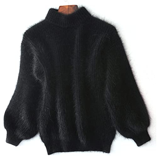 Cashmere Loose Solid Color Knit Sweater, Women's Casual Cable Knit Jumper Long Sleeve Crewneck Solid Color Chunky Pullover Sweater (One Size,Black)