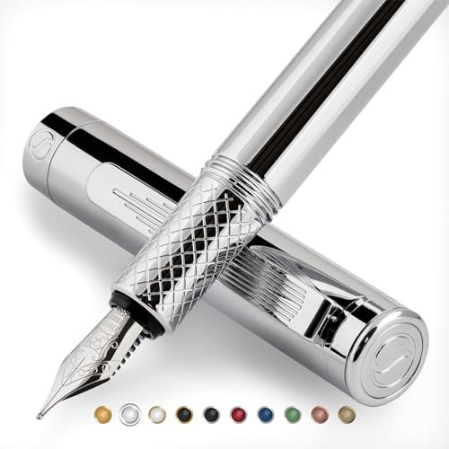 Scriveiner Silver Chrome Fountain Pen - Award-Winning Luxury Writing Instrument with Schmidt Nib, Heavy Pocket Design, Converter - Best EDC Gift for Men and Women