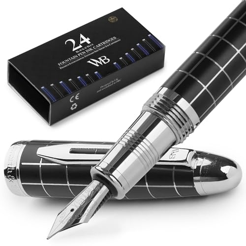 Wordsworth & Black Majesti reservoarpenna (Rutig) – Lyxigt fodral, kromfinish, extra fin spets, bläckpatroner och konverterare ingår – Kalligrafipenna