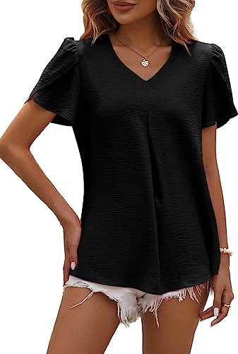 LEKOPUR Chemisier Femmes Été Manches Courtes Tunique Col V Chemise Uni Chiffon Hauts Printemps Élégant Chemisiers d'Été Décontracté Chemisier Shirt Tshirt Top, Noir , XXL
