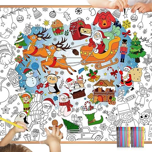 DPKOW Natale Poster Carta da Colorare + Penne, 47 x 33 Pollici Natalizia Tovaglia da Colorare per Bambini Artigianato Regalo di Natale Compleanno, Babbo Natale Albero Calzini Pupazzo di Neve Elfo