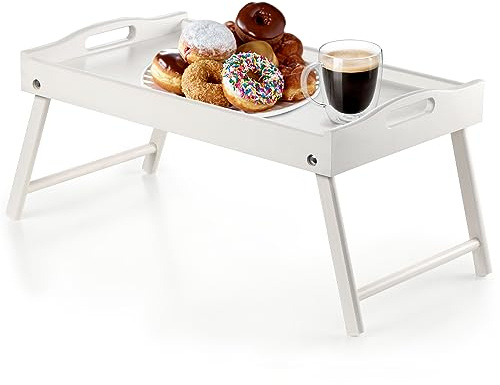 KADAX Tavolino da letto, vassoio per la colazione in legno di pino, 19 x 30 x 50 cm, vassoio pieghevole per colazione a letto, tavolino (bianco)
