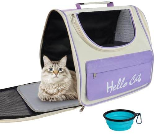 Katzenrucksack Katzentransporttasche Hunderucksack bis 7.5kg Tragbar Katzentasche Katzenrucksack Große Katzen Atmungsaktiv Haustier Rucksack mit Mehrere Eingänge, Sichtbare Fenster, Reisenäpfe (Lila)