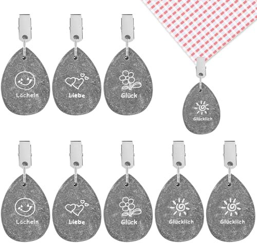 PEAKTOP 8 Stück Tischdeckenbeschwerer Naturstein, Tischdecke Gewichte Mit Stahl Klammer, Tischtuch Gewichte, Tischtuch Clip Aus Marmor Mit 4 Aufdruck Für Camping Hochzeit Partys Picknicks