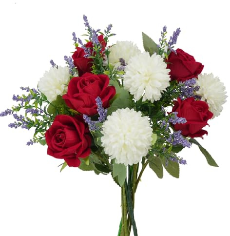 HO2NLE Artificial Flowers Fake Flower Bouquet with Red Rose Chrysanthemums Flowers Silk Floral Arrangements for Home Mother's Day Cemetery Grave Memorial Day Wedding Decor 12 inch